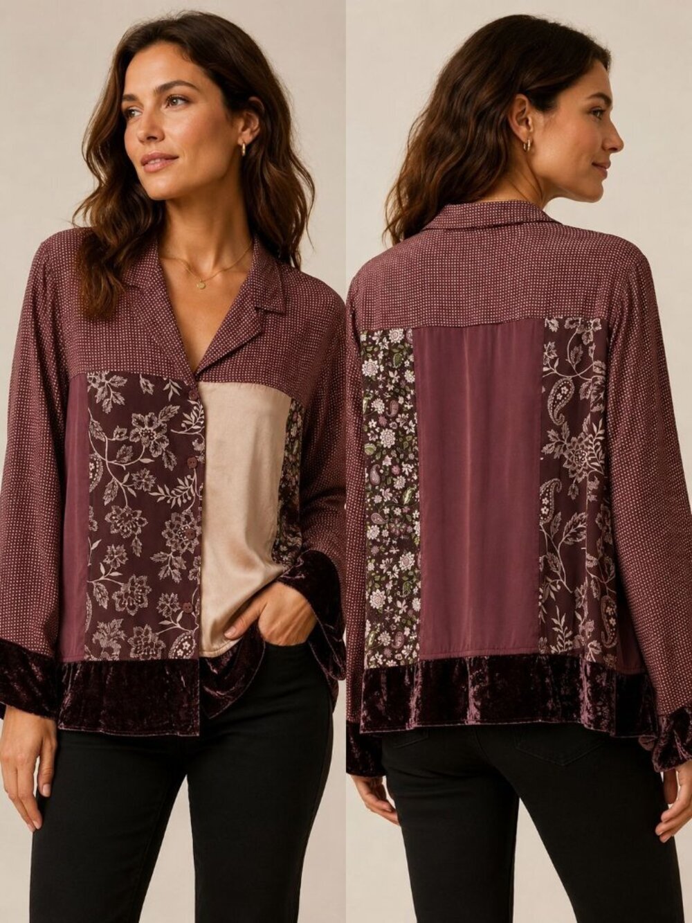 Josephine Chaus Women’s Patchwork Floral Polka Dot Velvet Trim Burgundy Size 8